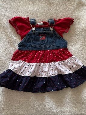 🌈 Oshkosh B Gosh Overalls Dress Sz 6-9 months Denim Shirt American Flag Ruffle